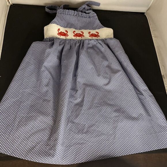 Southern Sunshine Smocked CRABS, Polkadots Blue & White Sundress Sz 3 - Picture 1 of 9